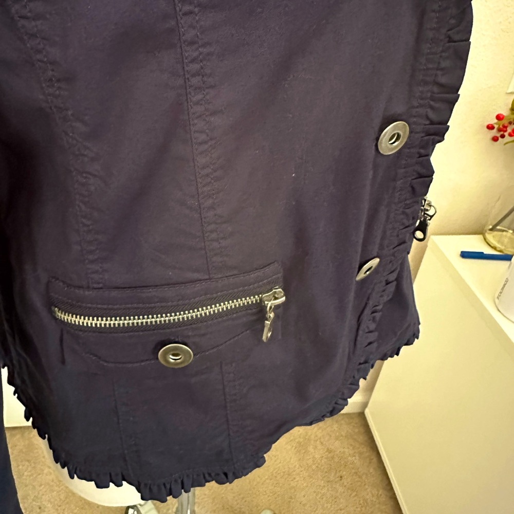 Anthropologie CocoYClub Lightweight Navy Jacket Ruffle Trim Zipper Size XL NWOT - Picture 11 of 13